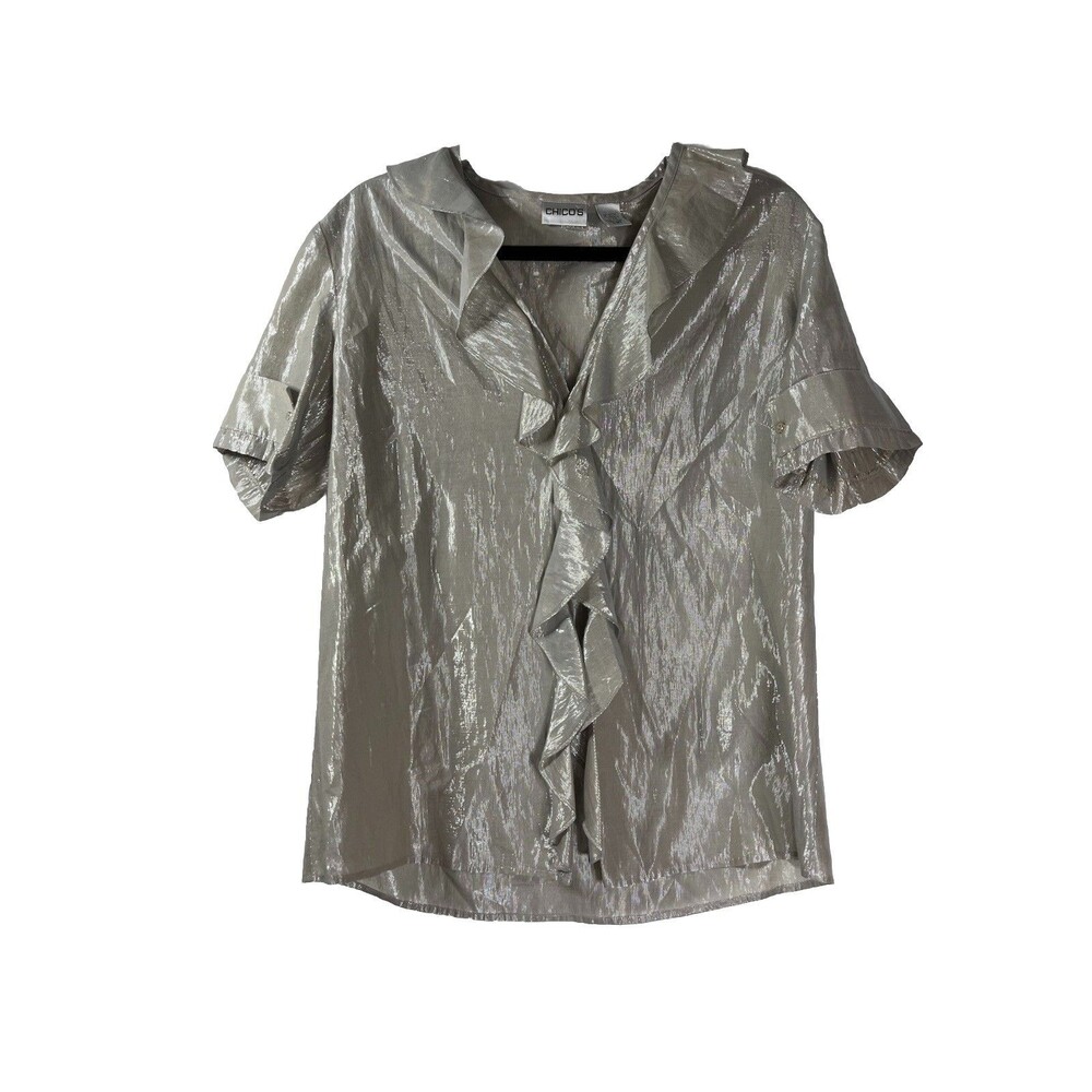 chicos Silk Metallic Blend Short  sleeve blouse top 2 Large